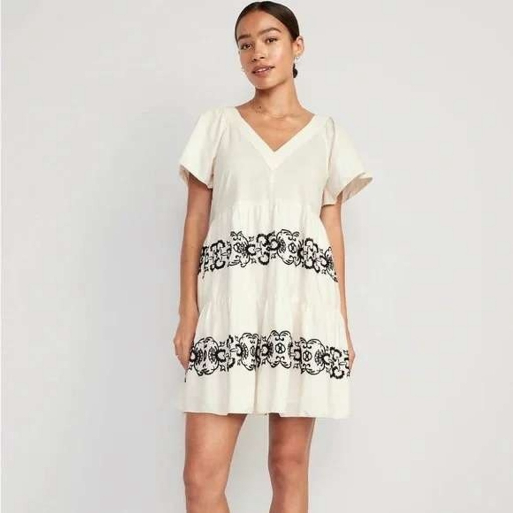 Old Navy Embroidered Mini Cream Cottage Babydoll Boho Dress Sz L Tall